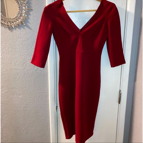 ZARA WOMAN Deep Red V-Neckline 3/4 Sleeve Bodycon Mini Dress XS - Picture 1 of 4